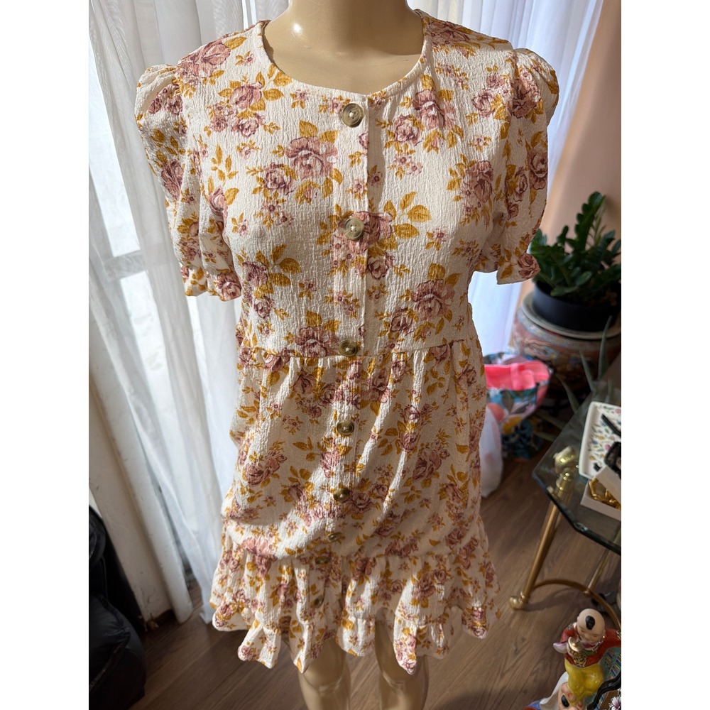 Floral Puff Sleeve Button Down Mini‎ Dress Cream Pink Cottagecore Babydoll